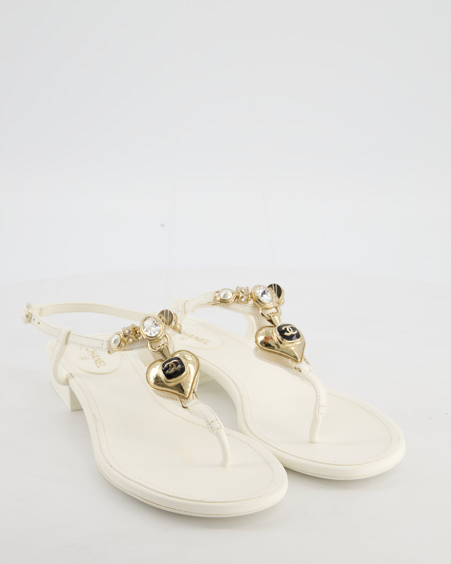 Chanel White Thong Leather Sandal with Gold Chain CC Heart Detail Size EU 39