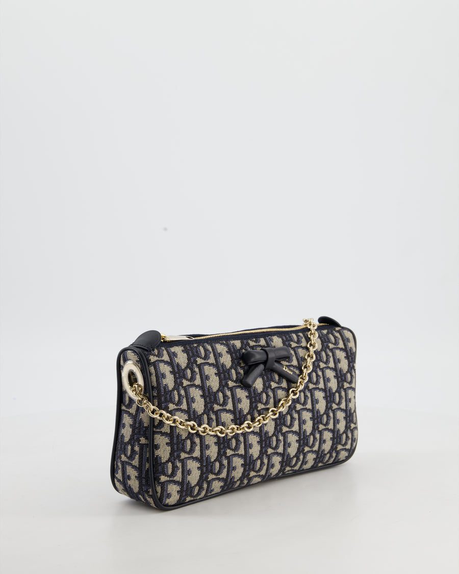 *CURRENT SEASON* Christian Dior Oblique Bow Pouch with Chain in Blue Oblique Jacquard