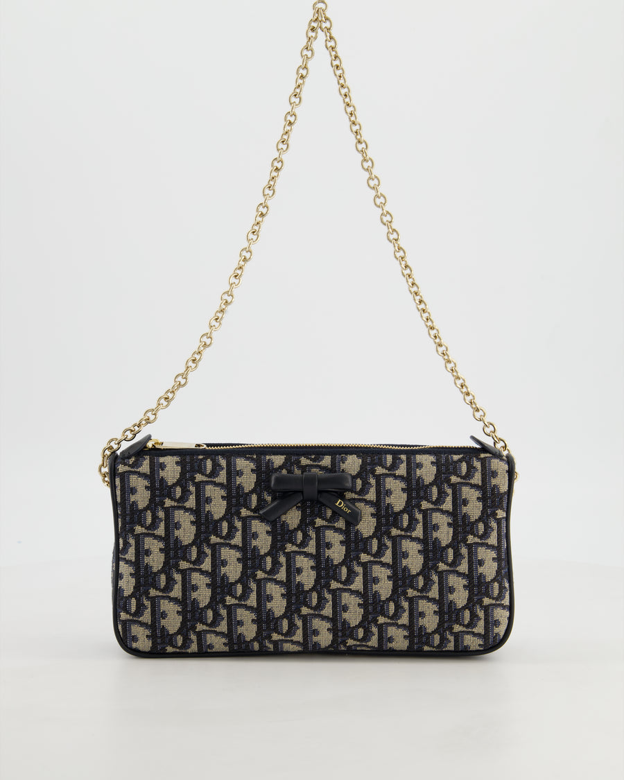 *CURRENT SEASON* Christian Dior Oblique Bow Pouch with Chain in Blue Oblique Jacquard