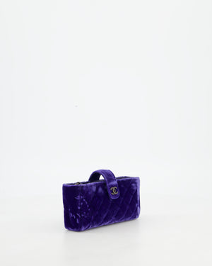Chanel Mini Phone Holder Crossbody Bag in Purple Quilted Velvet with Ruthenium Hardware