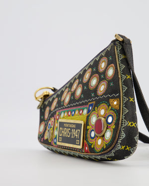 Christian Dior Vintage 2001 Navy Denim Embroidered Montaigne Chris 1947 Cadillac Bag with Mirror Sequin Embellishments and Brushed Gold Hardware