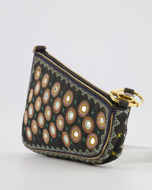 Christian Dior Vintage 2001 Navy Denim Embroidered Montaigne Chris 1947 Cadillac Bag with Mirror Sequin Embellishments and Brushed Gold Hardware