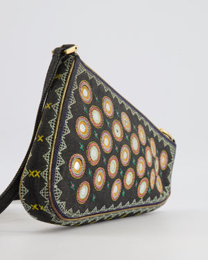 Christian Dior Vintage 2001 Navy Denim Embroidered Montaigne Chris 1947 Cadillac Bag with Mirror Sequin Embellishments and Brushed Gold Hardware