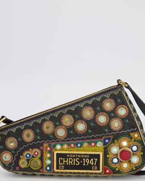 Christian Dior Vintage 2001 Navy Denim Embroidered Montaigne Chris 1947 Cadillac Bag with Mirror Sequin Embellishments and Brushed Gold Hardware