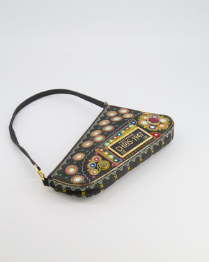 Christian Dior Vintage 2001 Navy Denim Embroidered Montaigne Chris 1947 Cadillac Bag with Mirror Sequin Embellishments and Brushed Gold Hardware