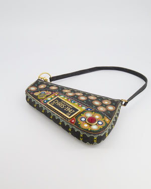 Christian Dior Vintage 2001 Navy Denim Embroidered Montaigne Chris 1947 Cadillac Bag with Mirror Sequin Embellishments and Brushed Gold Hardware