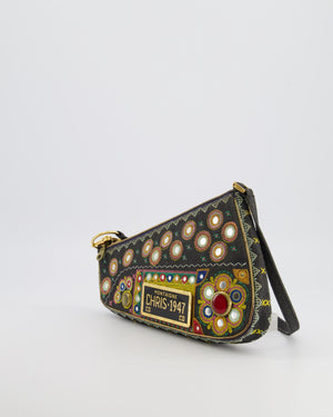 Christian Dior Vintage 2001 Navy Denim Embroidered Montaigne Chris 1947 Cadillac Bag with Mirror Sequin Embellishments and Brushed Gold Hardware