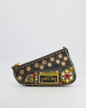 Christian Dior Vintage 2001 Navy Denim Embroidered Montaigne Chris 1947 Cadillac Bag with Mirror Sequin Embellishments and Brushed Gold Hardware