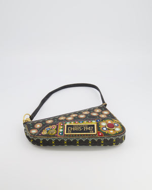 Christian Dior Vintage 2001 Navy Denim Embroidered Montaigne Chris 1947 Cadillac Bag with Mirror Sequin Embellishments and Brushed Gold Hardware