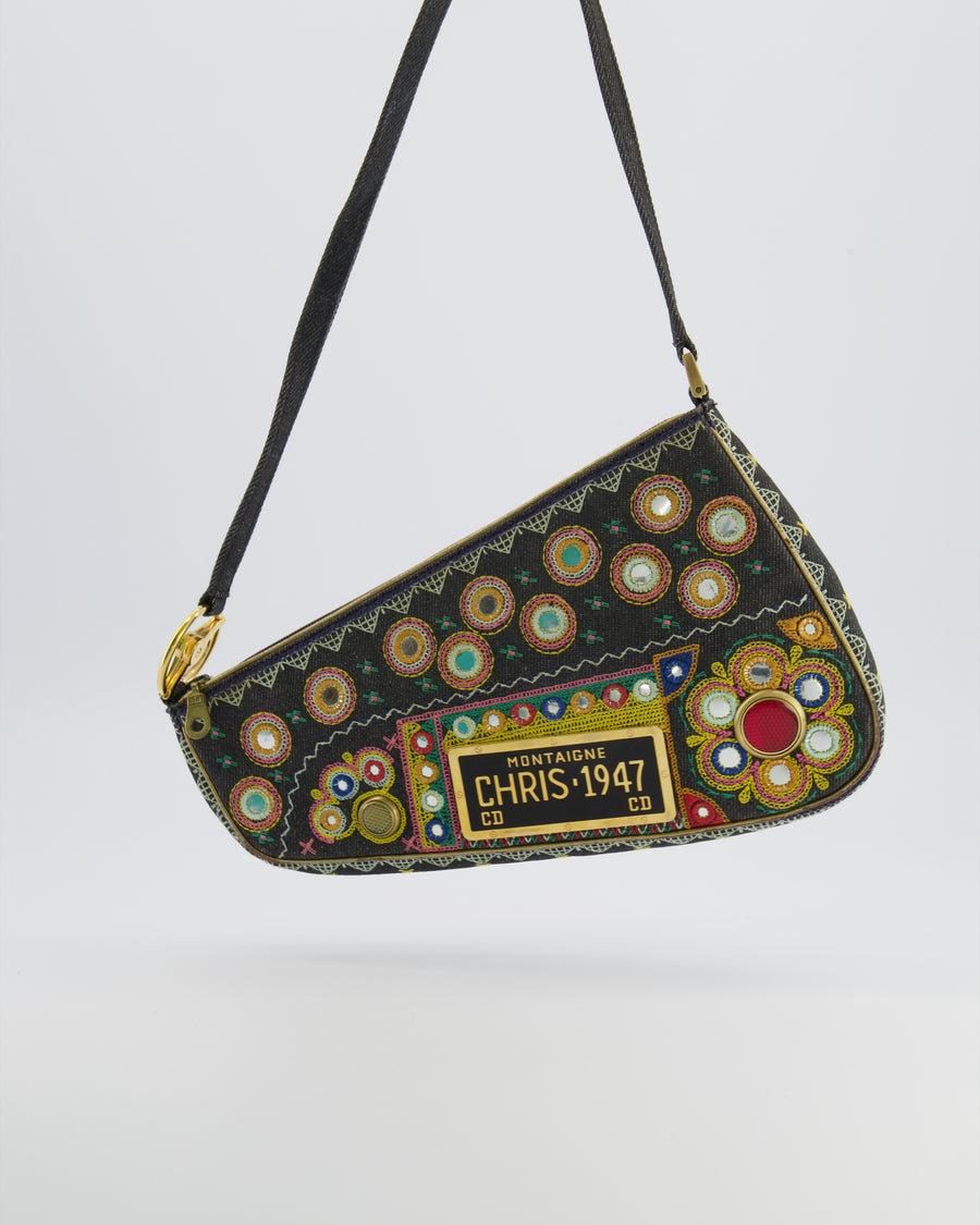 Christian Dior Vintage 2001 Navy Denim Embroidered Montaigne Chris 1947 Cadillac Bag with Mirror Sequin Embellishments and Brushed Gold Hardware