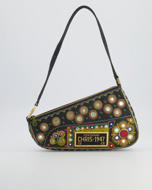 Christian Dior Vintage 2001 Navy Denim Embroidered Montaigne Chris 1947 Cadillac Bag with Mirror Sequin Embellishments and Brushed Gold Hardware