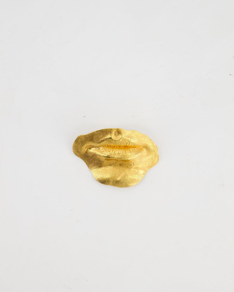 Schiaparelli Hammered Gold Brass Mouth Brooch with Logo