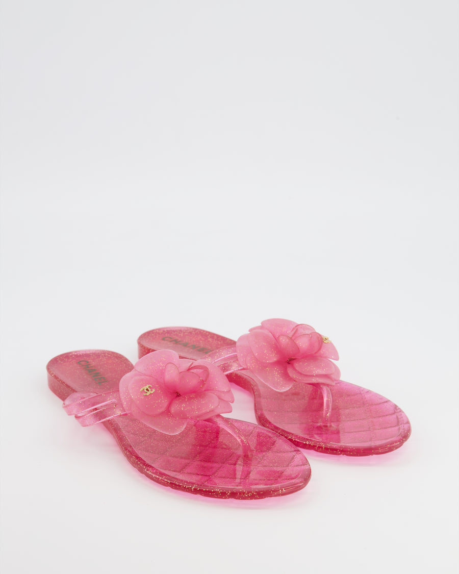 Chanel Pink Glitter Jelly Camellia Sandals with Gold CC Logo Detail Size EU 38