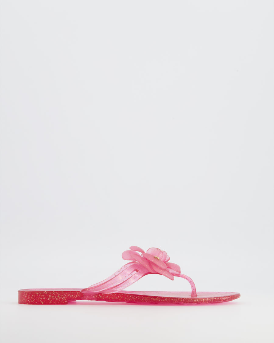 Chanel Pink Glitter Jelly Camellia Sandals with Gold CC Logo Detail Size EU 38