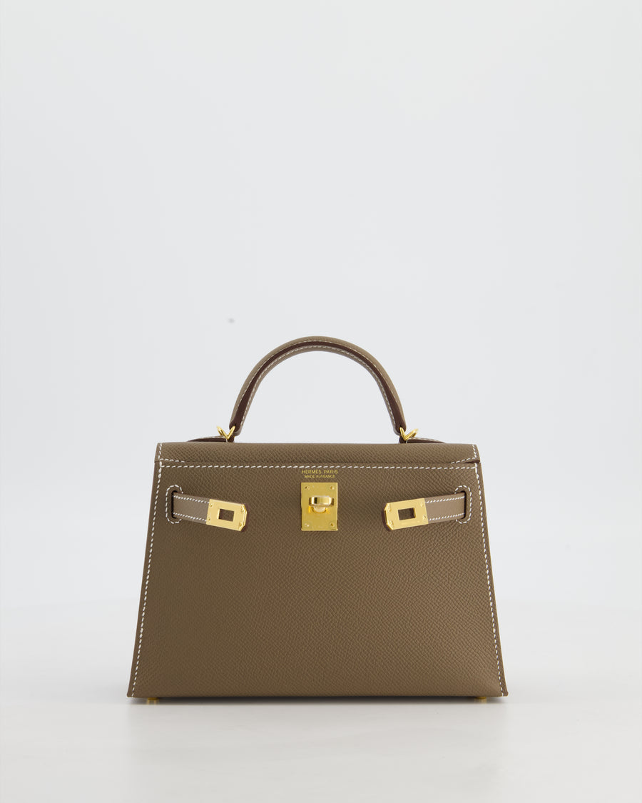 *HOT* Hermès Mini Kelly II 20 Bag in Etoupe Epsom Leather with Gold Hardware