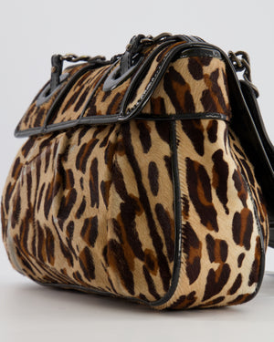 Fendi Brown Leopard Print Pony Hair B Bag with Black Patent Leather Details and Gold Hardware