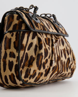 Fendi Brown Leopard Print Pony Hair B Bag with Black Patent Leather Details and Gold Hardware