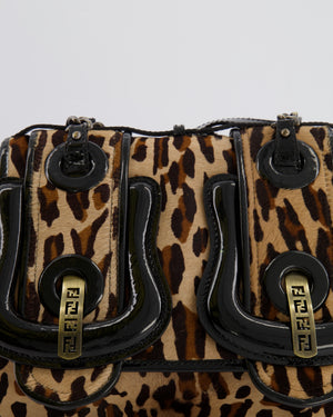 Fendi Brown Leopard Print Pony Hair B Bag with Black Patent Leather Details and Gold Hardware