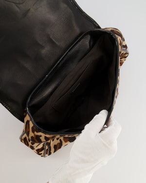 Fendi Brown Leopard Print Pony Hair B Bag with Black Patent Leather Details and Gold Hardware