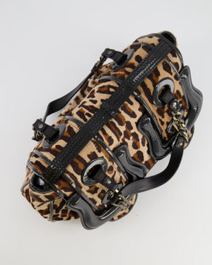 Fendi Brown Leopard Print Pony Hair B Bag with Black Patent Leather Details and Gold Hardware