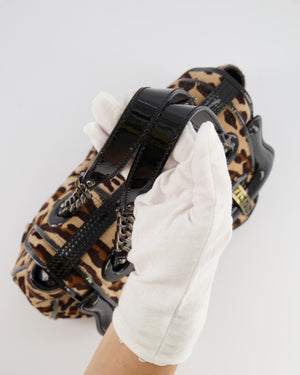 Fendi Brown Leopard Print Pony Hair B Bag with Black Patent Leather Details and Gold Hardware