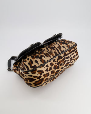 Fendi Brown Leopard Print Pony Hair B Bag with Black Patent Leather Details and Gold Hardware
