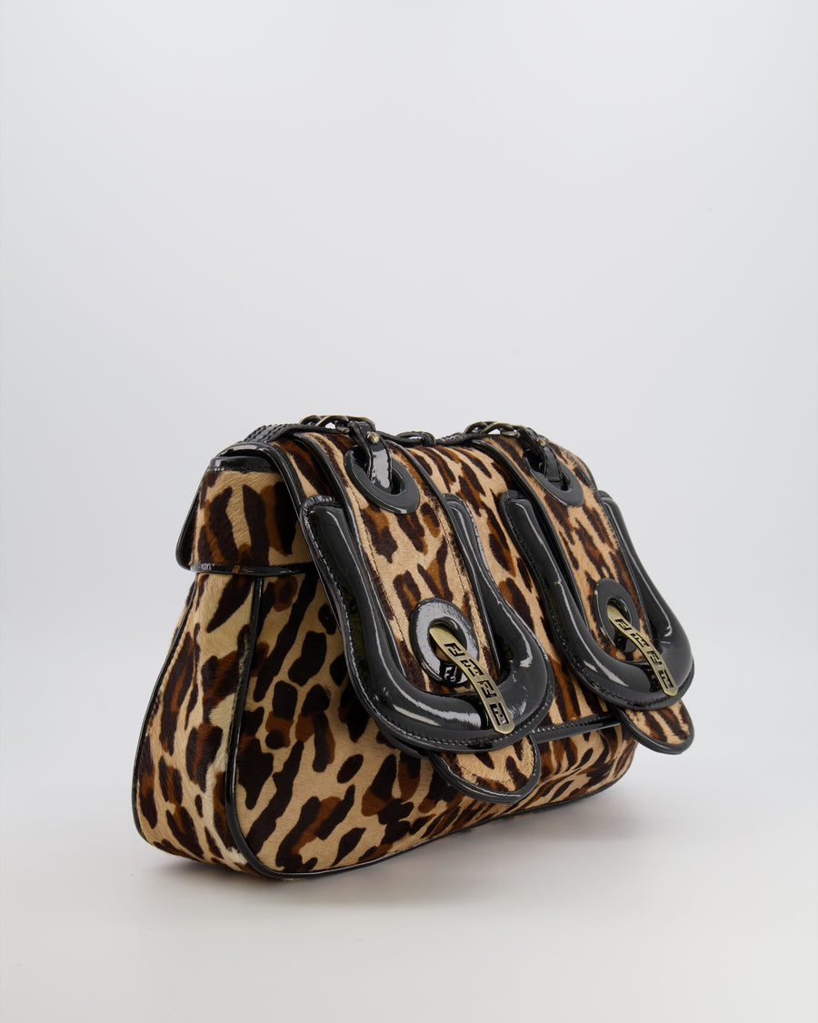 Fendi Brown Leopard Print Pony Hair B Bag with Black Patent Leather Details and Gold Hardware