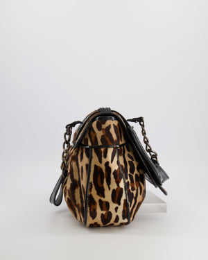 Fendi Brown Leopard Print Pony Hair B Bag with Black Patent Leather Details and Gold Hardware