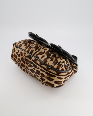 Fendi Brown Leopard Print Pony Hair B Bag with Black Patent Leather Details and Gold Hardware