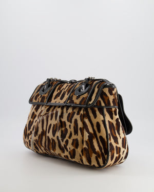 Fendi Brown Leopard Print Pony Hair B Bag with Black Patent Leather Details and Gold Hardware
