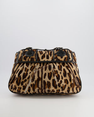Fendi Brown Leopard Print Pony Hair B Bag with Black Patent Leather Details and Gold Hardware