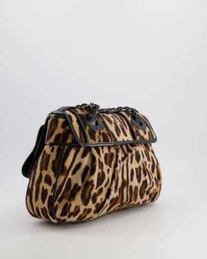 Fendi Brown Leopard Print Pony Hair B Bag with Black Patent Leather Details and Gold Hardware