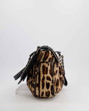 Fendi Brown Leopard Print Pony Hair B Bag with Black Patent Leather Details and Gold Hardware
