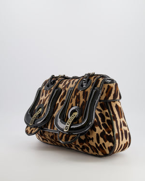 Fendi Brown Leopard Print Pony Hair B Bag with Black Patent Leather Details and Gold Hardware
