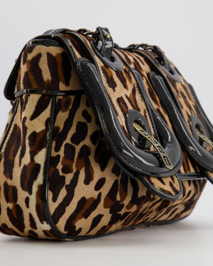 Fendi Brown Leopard Print Pony Hair B Bag with Black Patent Leather Details and Gold Hardware