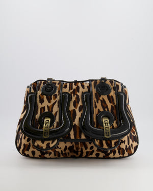 Fendi Brown Leopard Print Pony Hair B Bag with Black Patent Leather Details and Gold Hardware