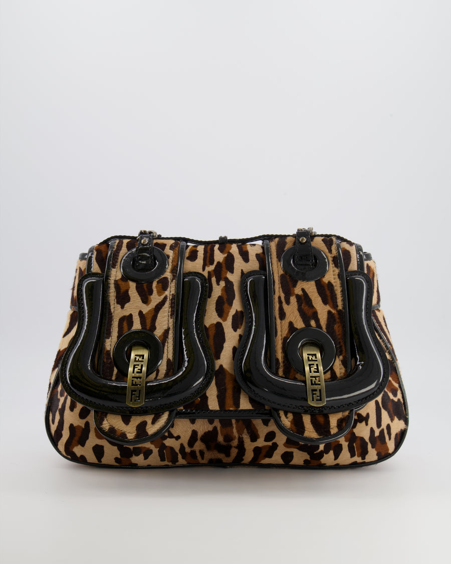 Fendi Brown Leopard Print Pony Hair B Bag with Black Patent Leather Details and Gold Hardware