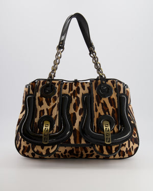 Fendi Brown Leopard Print Pony Hair B Bag with Black Patent Leather Details and Gold Hardware