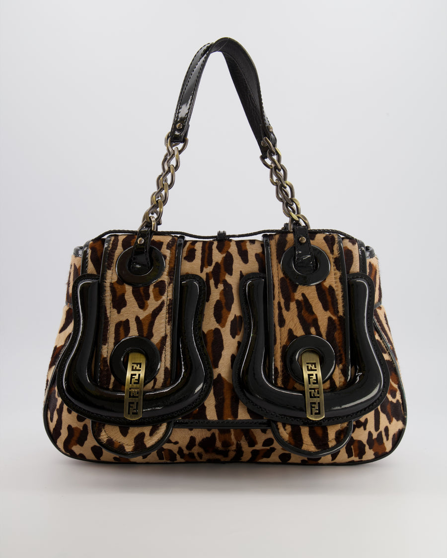 Fendi Brown Leopard Print Pony Hair B Bag with Black Patent Leather Details and Gold Hardware