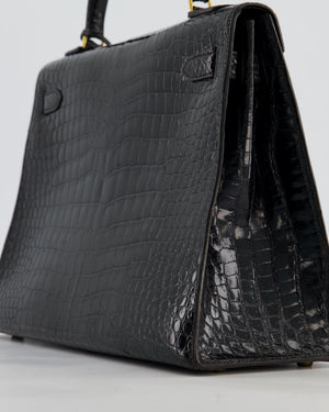 *HOT* Hermès Vintage Kelly 32 Sellier Bag in Noir Porosus Crocodile Leather with Gold Hardware