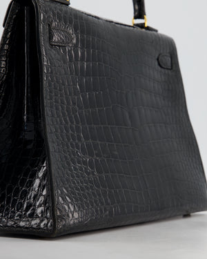 *HOT* Hermès Vintage Kelly 32 Sellier Bag in Noir Porosus Crocodile Leather with Gold Hardware