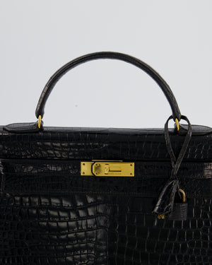 *HOT* Hermès Vintage Kelly 32 Sellier Bag in Noir Porosus Crocodile Leather with Gold Hardware