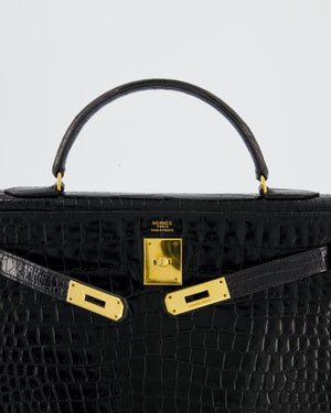 *HOT* Hermès Vintage Kelly 32 Sellier Bag in Noir Porosus Crocodile Leather with Gold Hardware