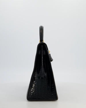 *HOT* Hermès Vintage Kelly 32 Sellier Bag in Noir Porosus Crocodile Leather with Gold Hardware