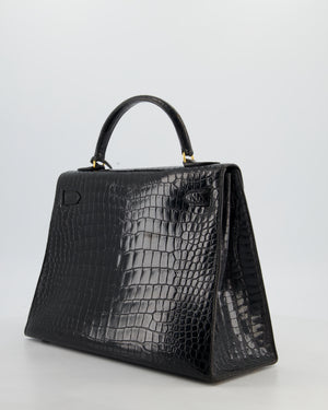 *HOT* Hermès Vintage Kelly 32 Sellier Bag in Noir Porosus Crocodile Leather with Gold Hardware