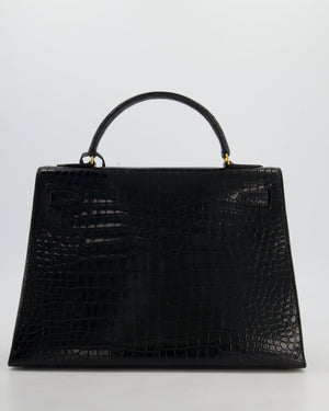 *HOT* Hermès Vintage Kelly 32 Sellier Bag in Noir Porosus Crocodile Leather with Gold Hardware