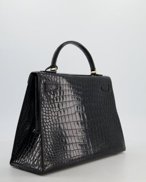 *HOT* Hermès Vintage Kelly 32 Sellier Bag in Noir Porosus Crocodile Leather with Gold Hardware