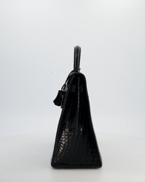 *HOT* Hermès Vintage Kelly 32 Sellier Bag in Noir Porosus Crocodile Leather with Gold Hardware