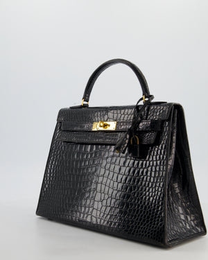 *HOT* Hermès Vintage Kelly 32 Sellier Bag in Noir Porosus Crocodile Leather with Gold Hardware