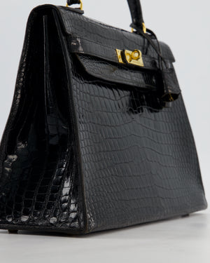 *HOT* Hermès Vintage Kelly 32 Sellier Bag in Noir Porosus Crocodile Leather with Gold Hardware
